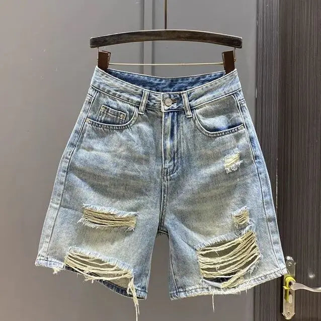 Summer New Loose Straight Wide-leg Medium Pants Shorts Retro Blue Ripped Beggar Denim Five-point Pants Women's Jeans Shorts