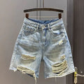 Summer New Loose Straight Wide-leg Medium Pants Shorts Retro Blue Ripped Beggar Denim Five-point Pants Women's Jeans Shorts