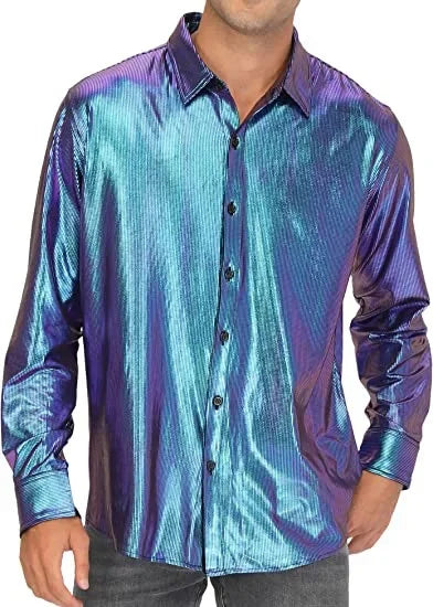 Metallic Shiny Polyester Dress Shirts for Men Black Solid Gold Red Silver Long Sleeve Turn Down Collar Prom Disco Men's Shirt