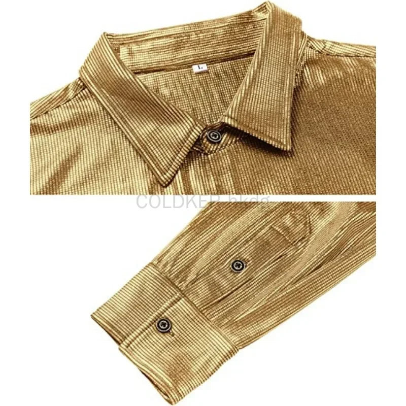 Metallic Shiny Polyester Dress Shirts for Men Black Solid Gold Red Silver Long Sleeve Turn Down Collar Prom Disco Men's Shirt