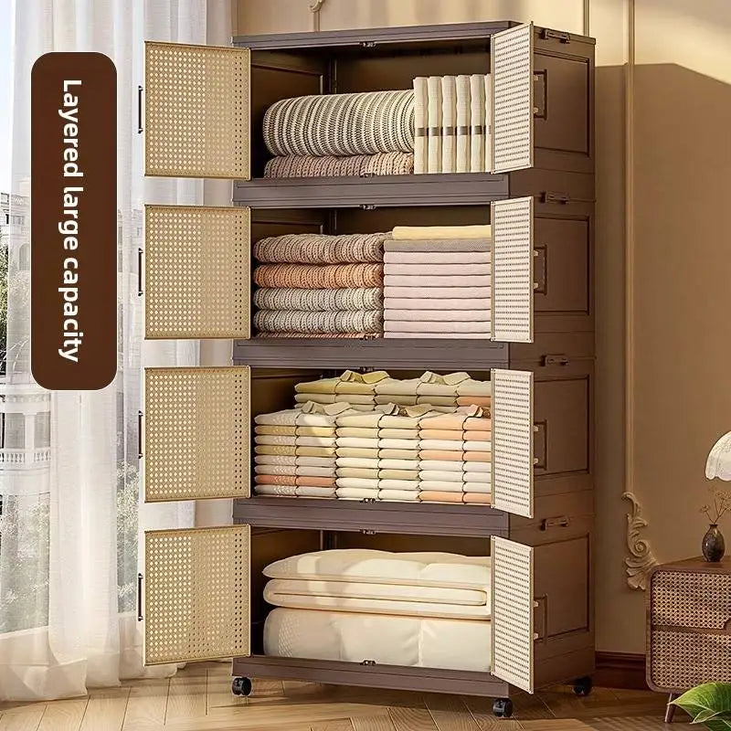 #Retro Storage Cabinet, Tall Wooden Foldable Cabinet for Living Room, Large Capacity Space Saving