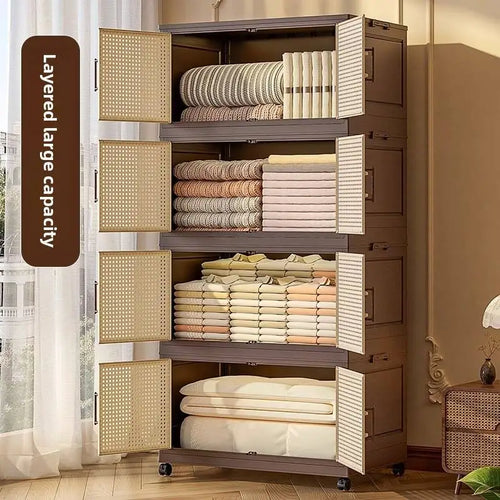#Retro Storage Cabinet, Tall Wooden Foldable Cabinet for Living Room, Large Capacity Space Saving