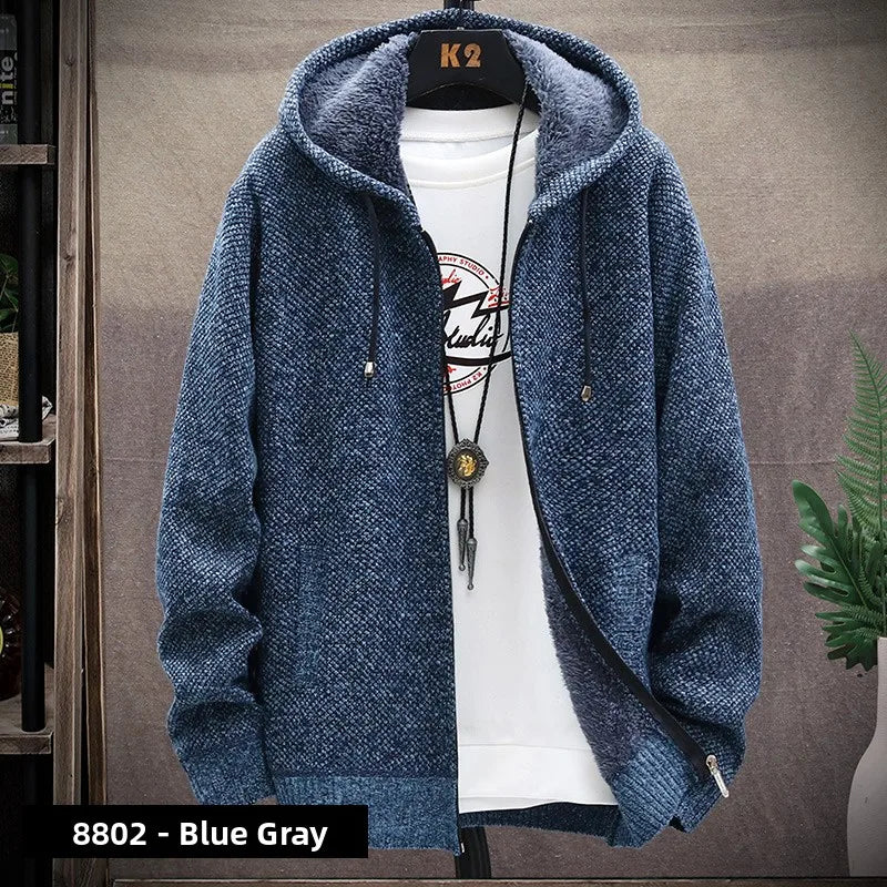 Men's Knitted Sweater Cardigan Thickened Fleece Hooded Casual Style Warm Outerwear Autumn Winter New Arrival Korean Version