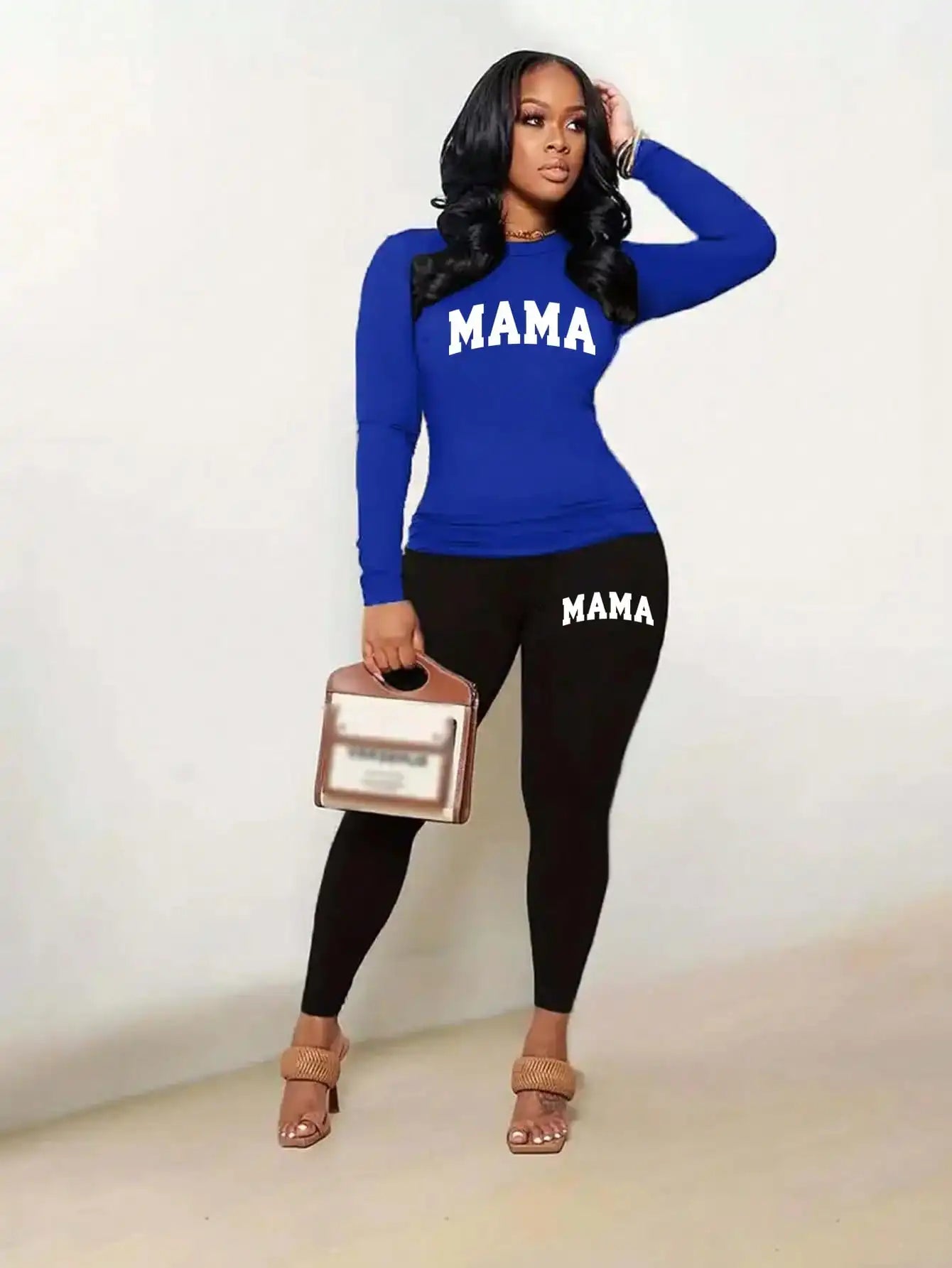 2026 Women's Casual Two Piece Set round Neck Long Sleeve Top Solid Color Printed Leg Tight Pants Outfit