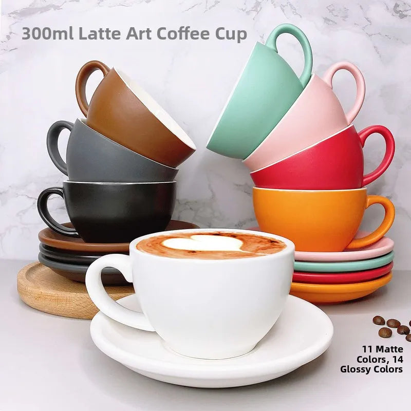 European Style Matte Latte Cup Ceramic Cappuccino Cup Large Mouth Coffee Cup Plate Set Handmade Craftsmanship 300ml