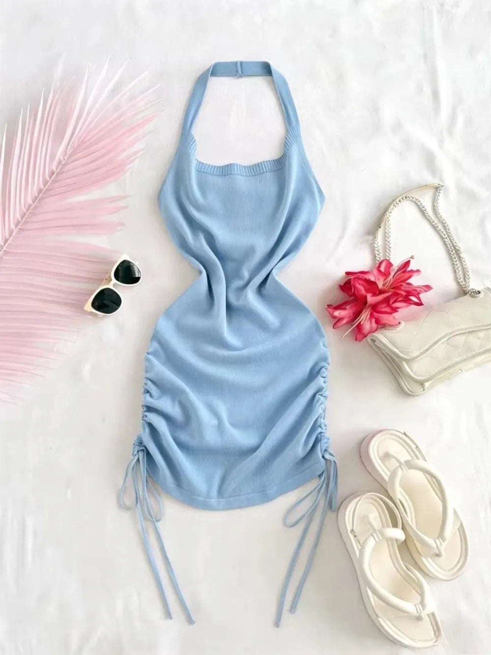 Y2K Solid Color Halter Neck Dress Sleeveless Design Drawstring Mini Dress Ruched Side Stretchy Knit Sundress Women Summer Wear