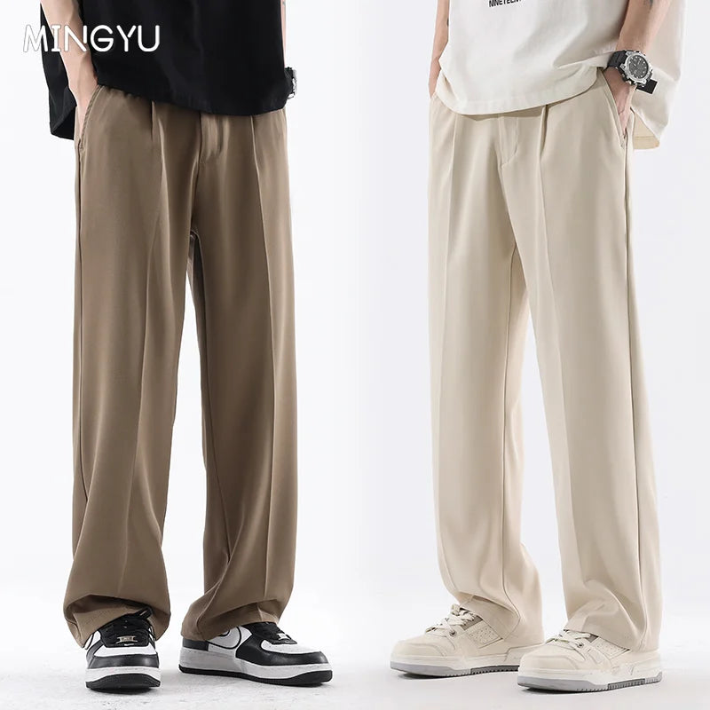 Spring Summer Smooth Casual Pants Men Business Elastic Waist Black Grey Khaki Suit Trousers Male Work Office Plus Size S-5XL