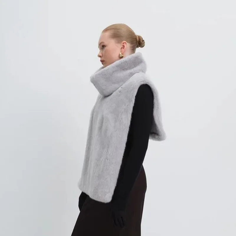 Solid Color Half Turtleneck Furry Sleeveless Top Patchwork Short Section Pullover Top 2025 Fall Woman'S Clothing Street