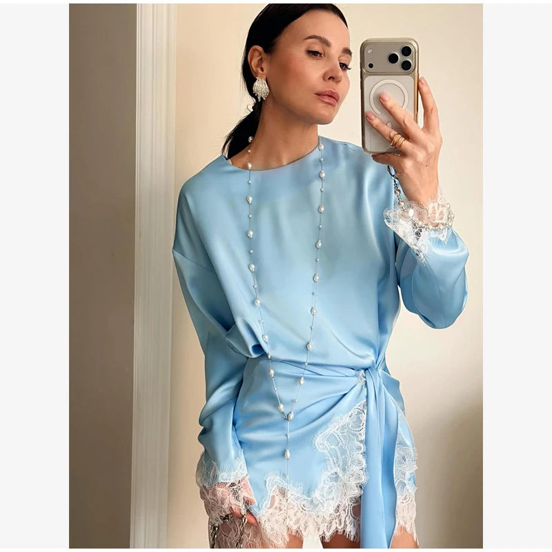Satin Lace Patchwork Dress Women Long Sleeve O-neck Casual 2026 Spring Female Dresses Casual Solid Beach Robe Not Contain Pearls
