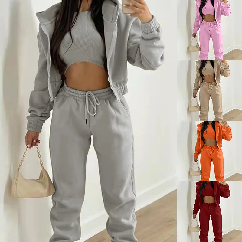 Women's Casual Three-Piece Set: Spring/Autumn European and American Style Fleece Hooded Sweatshirt and Sportswear