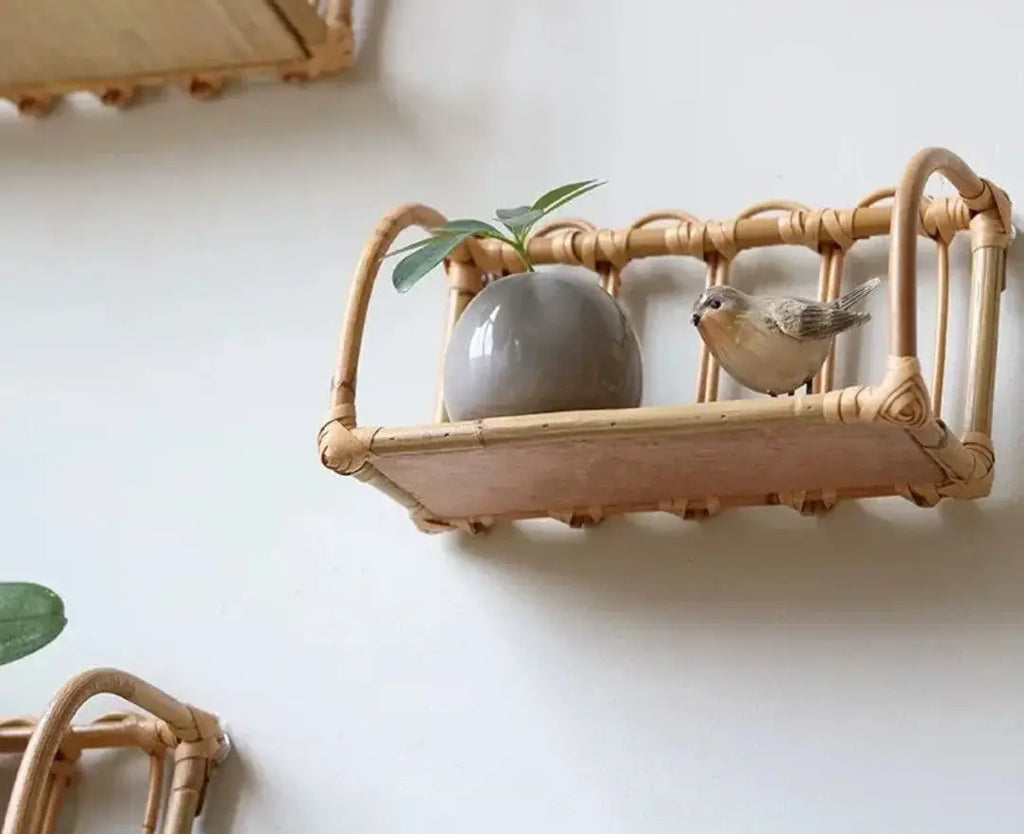 Rattan Wall Shelves Home Organizer Kitchen Storage Living Room Home Decor Small Bookshelf Nordic Log Style Storage Rack