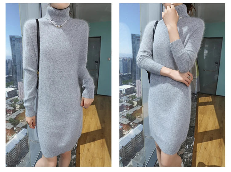 New Hot Selling 100% Mink Cashmere Knitted Women's High Neck Pullover Dress Sweater Slim Fit Solid Color Long Women's Dress