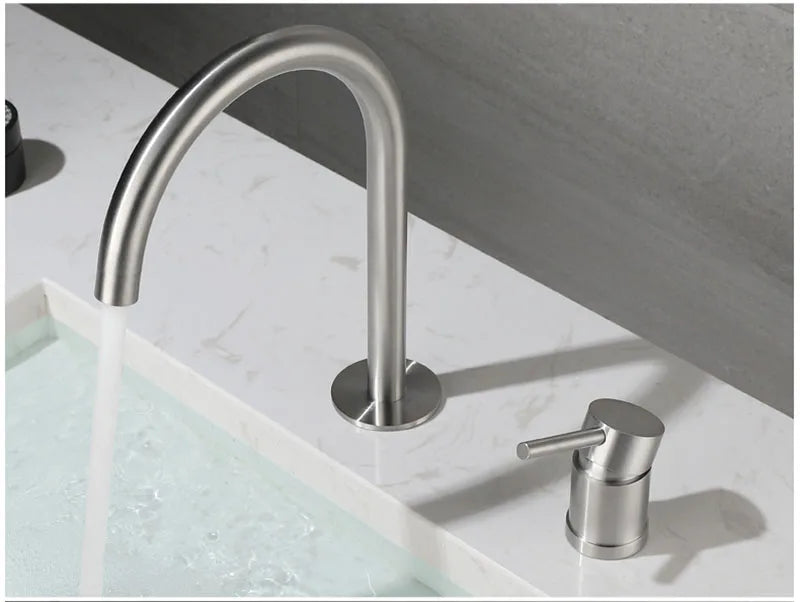 304 Stainless Steel Widespread Bathroom Basin Faucet Hot and Cold Mixed Water Wash Basin Faucet Deck Mounted Nickel /Black