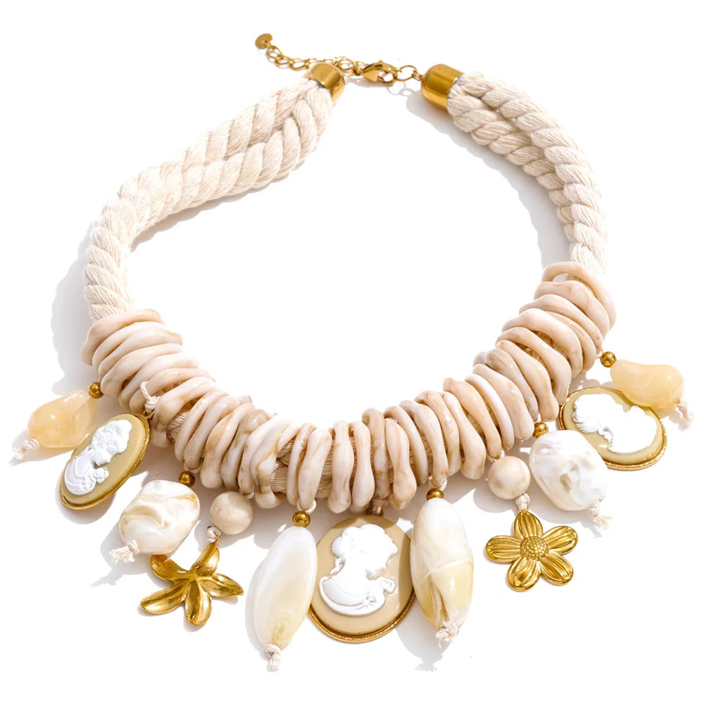 Yhpup 2026 Handmade Jewelry Rope Braided Resin Chain Portrait Flower Drop Charm Statement Necklace Exclusive Accessories