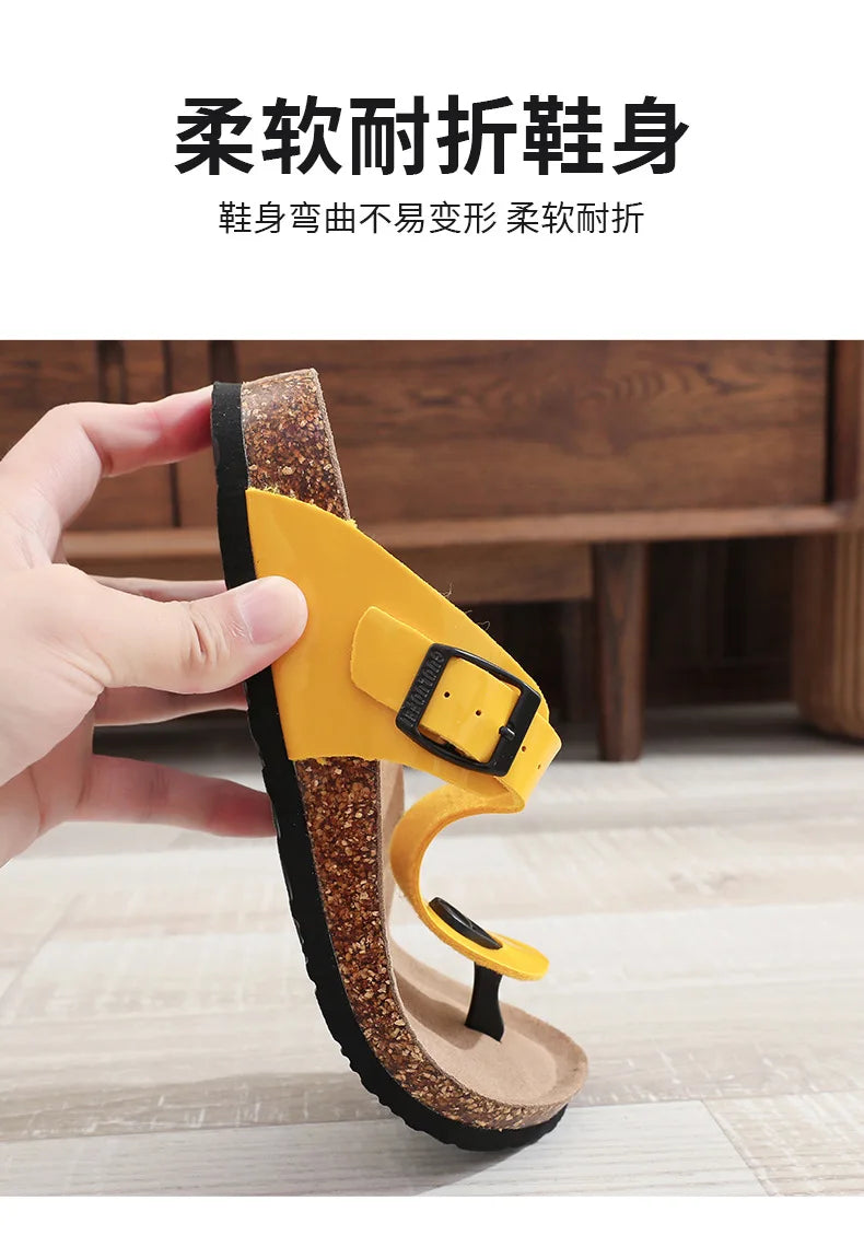 New Cork Sandals for Women Open Toe Beach Slippers with Adjustable Buckle Women Flats Leather Cork Footbed Flip Flops