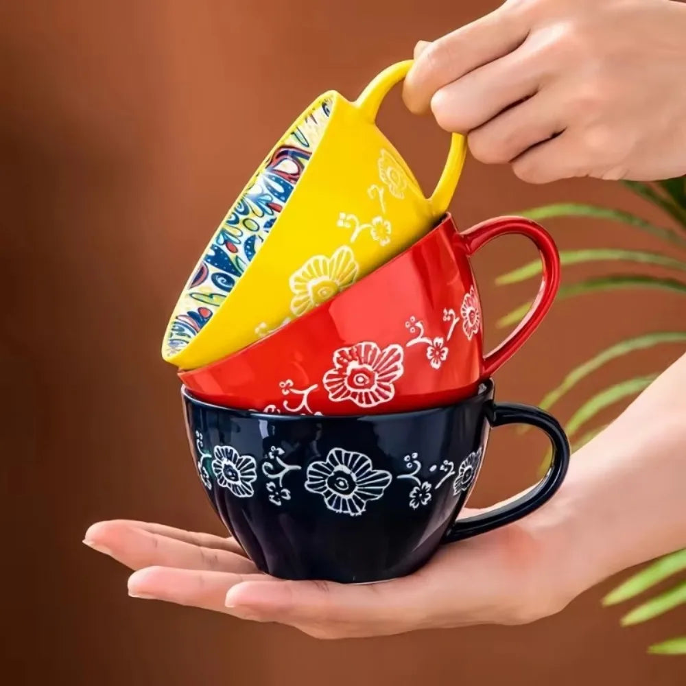 Creative Ceramic Bohemian Breakfast Cup Retro Flower Pattern Coffee Mug Microwaveable Large Capacity Milk Cup Friend Gift
