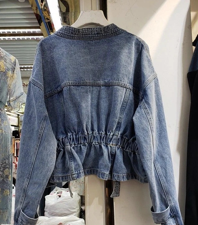 Denim Jacket for Women Plain Cinched Waist Slim Woman Jean Coat Blue Outerwear Spring Autumn 2025 Fashion Low Price Y2k Clothes