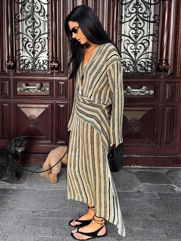 Women Striped Wrap Dress V-neck Loose Pleated Long Sleeved Asymmetrical Drape Dresses 2026 Summer New Casual Commute Lady Robes