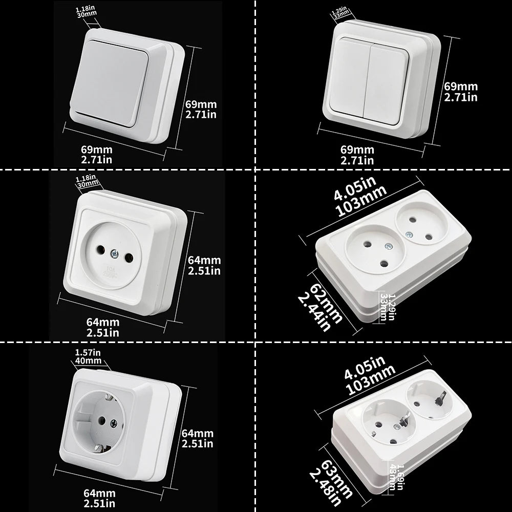 WESA White Wall Mount Socket EU Standard Electrical Outlett Ground Vintage Surface Power Socket Plugs Flame Retardant Plastic
