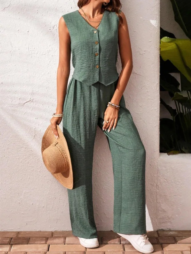 Two-piece Ladies Set 2026 Summer New Versatile Sleeveless V Neck Vest Tops Suits Fashion Casual Loose Tops Wide Leg Pants Sets