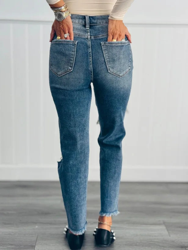 Women High Waist Hole Patched Simple Basic High Waist Simple Basic Denim Pencil Pants American Style New Fashion Female Jeans