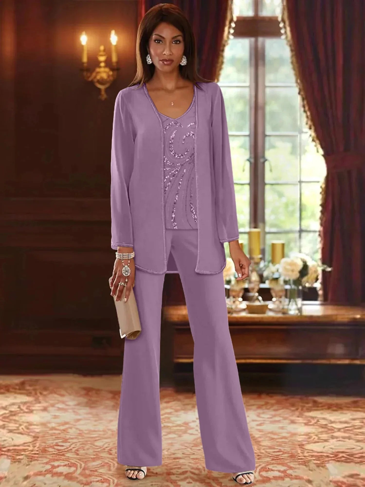 Pantsuit 3 Piece Mother of the Bride Dress Formal Wedding Guest V Neck Chiffon Lace Sleeveless with Beading Sequin 2024