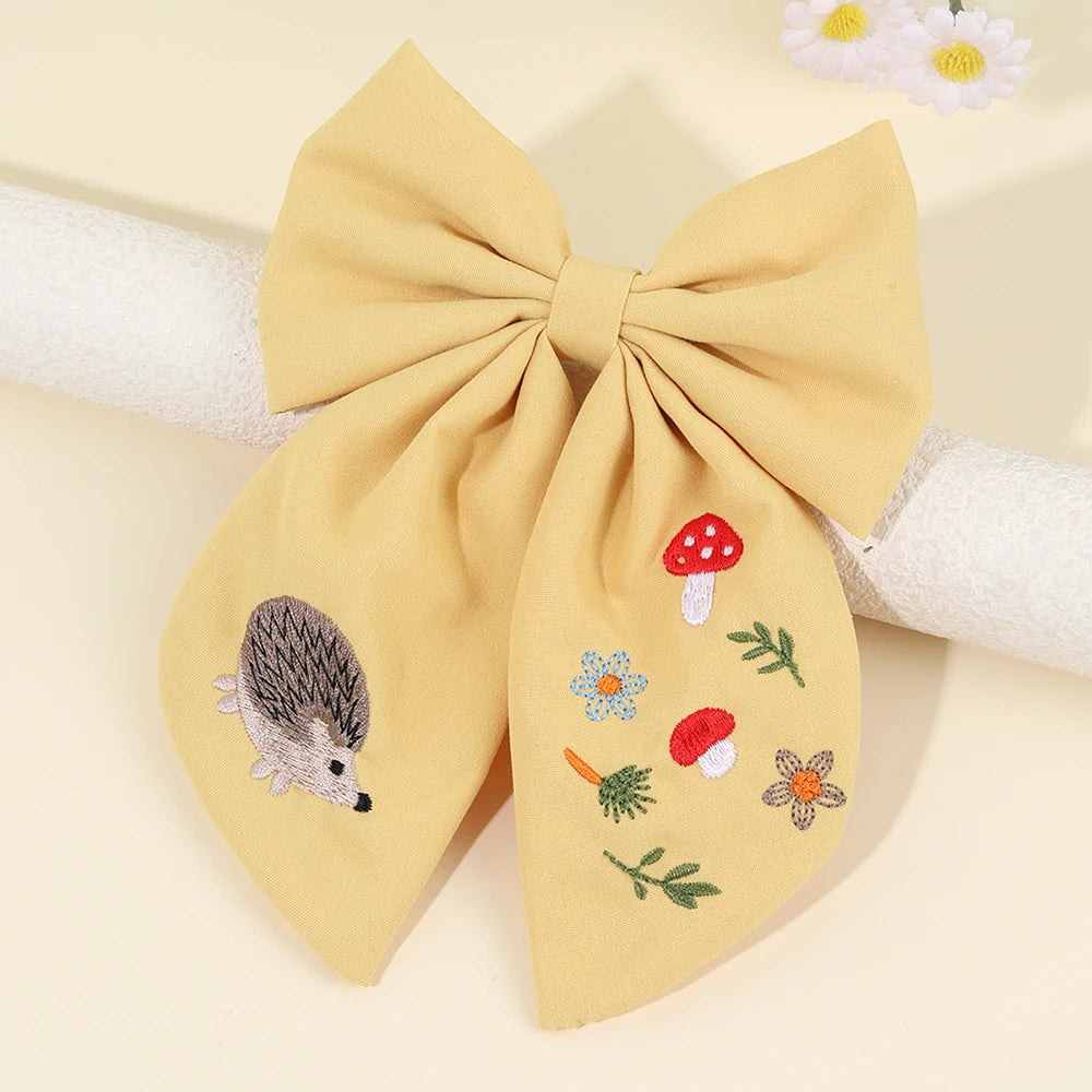 Cartoon Hedgehog Bow Hair Clip For Girls Elegant Handmade Flower Fox Embroidery Hairpins  New Trendy Headwear Hair Accessories