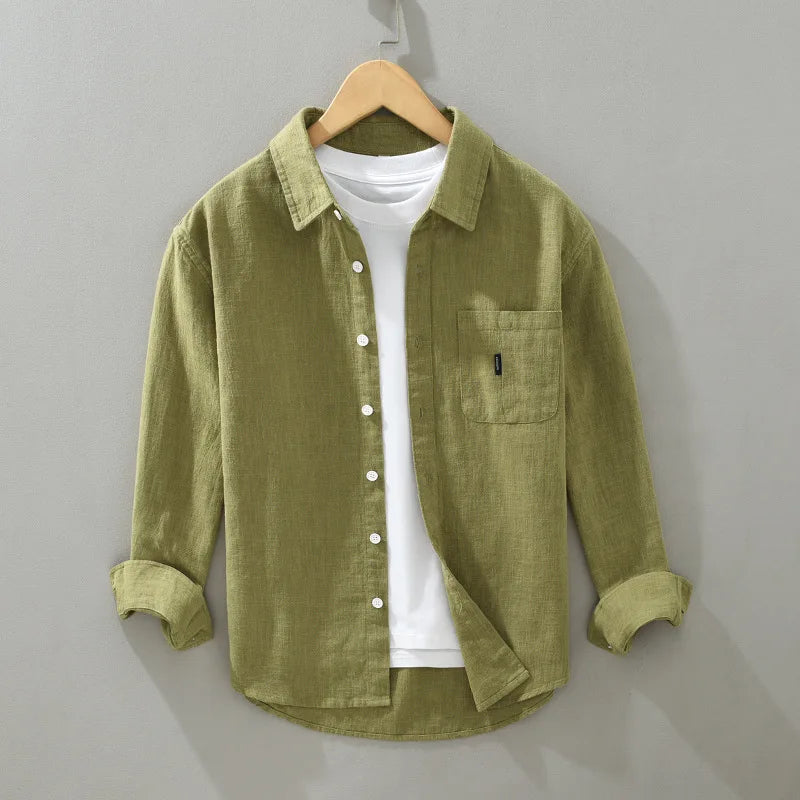 2402 Cotton Linen Solid Color Simple Basic Tops Men's Spring Fall Fashion Japan Style Harajuku Healthy Comfortable Casual Shirts