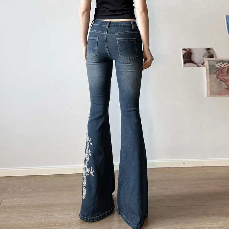 2026 Denim Trousers Y2K Flare Pants Jeans Women Embroidery Boot Cut Low Waist Washed Distressed Pockets Floor Length Streetwear