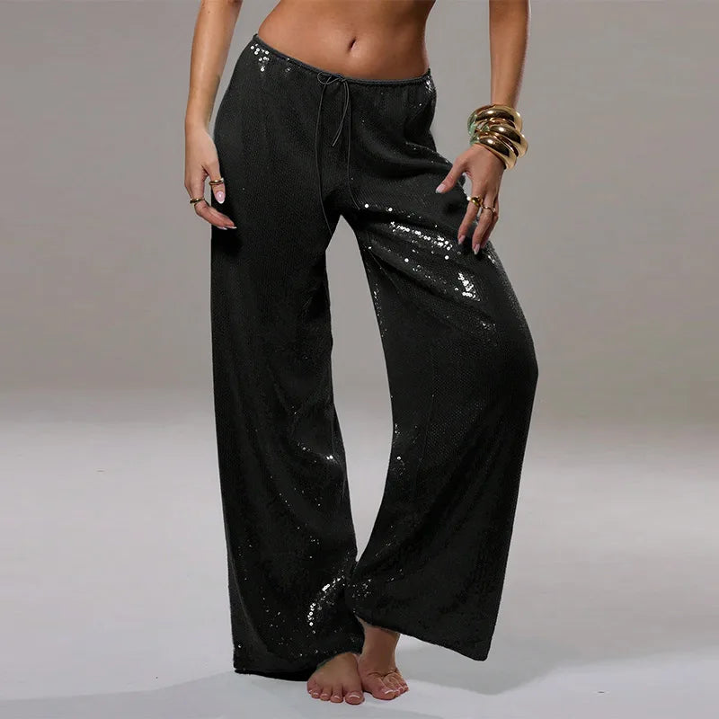 Street Sequin Loose Lace Up Pants Women Elastic Waist Wide Leg Trousers Female 2026 Spring Summer Lady Shiny Party Club Clothes