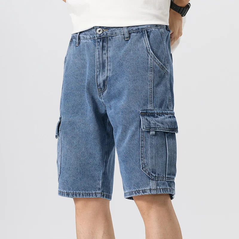 Men's Fashion Cargo Denim Shorts Summer Streetwear Multi-Pocket Casual Knee Length Stretch Five-Point Jeans Shorts Male Trendy