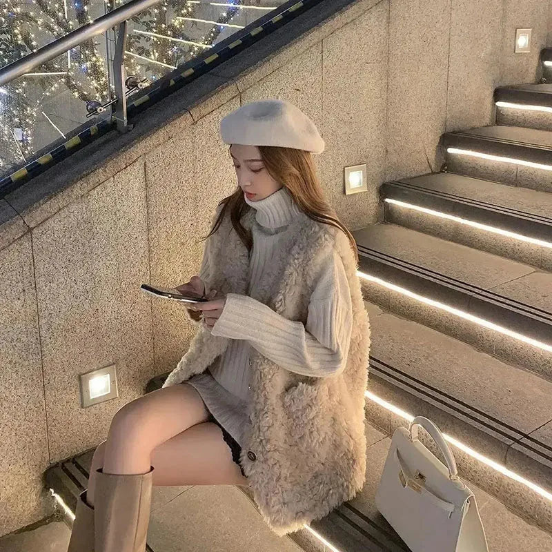 Female Lamb wool Waistcoat Jacket 2025 Spring Autumn New Single Breasted Slim Sleeveless Coat Warm Women's Short Casual Vest Top