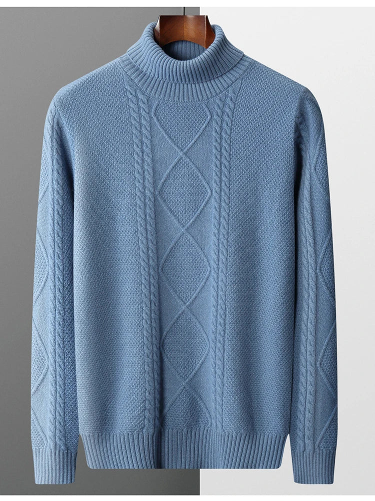 2025 Winter Turtleneck 100% Merino Wool Knitted Sweater Men's Lapel Jacquard Thicken Pullovers Fashion Loose High-End Base Shirt