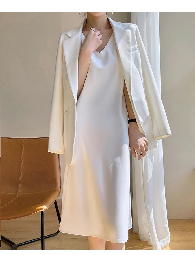 LHZSYY Silk Satin Front/Back V-neck Sling Dress Women's Sleeveless Waistcoat Top Spring Summer New Mulberry Silk Hip Long Skirts