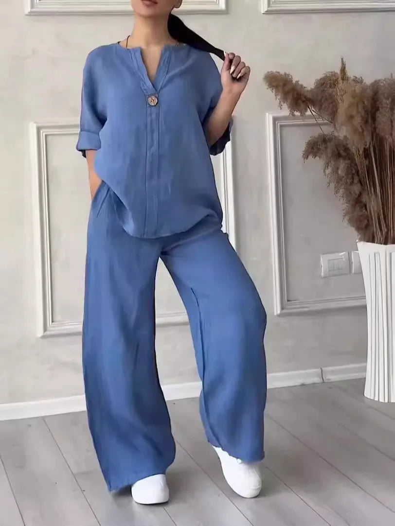 2026 New Europe USA Women's Comfortable Loose Top Wide Leg Pants Casual Cotton Linen Set
