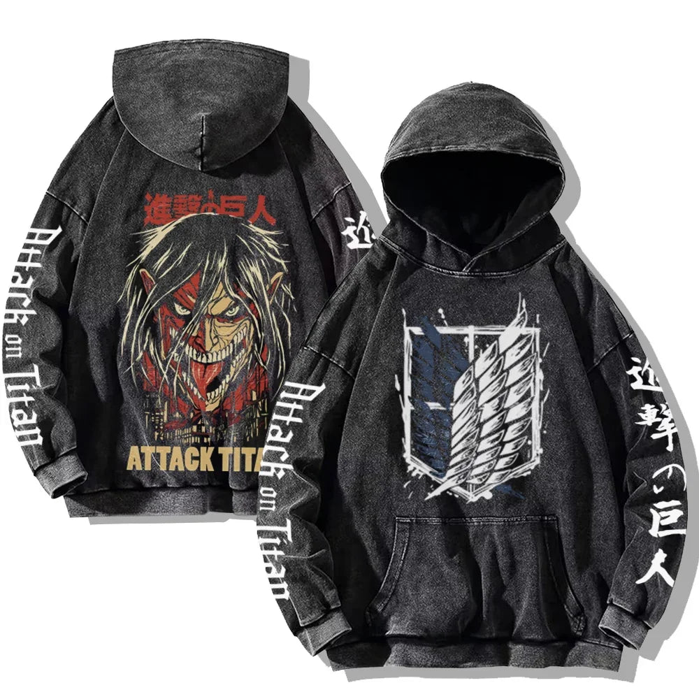 Vintage Washed Men's Hoodies Shield Print Hooded Sweatshirt Hip Hop Streetwear Y2K Hooded Pullover Y2K Loose Casual Tops
