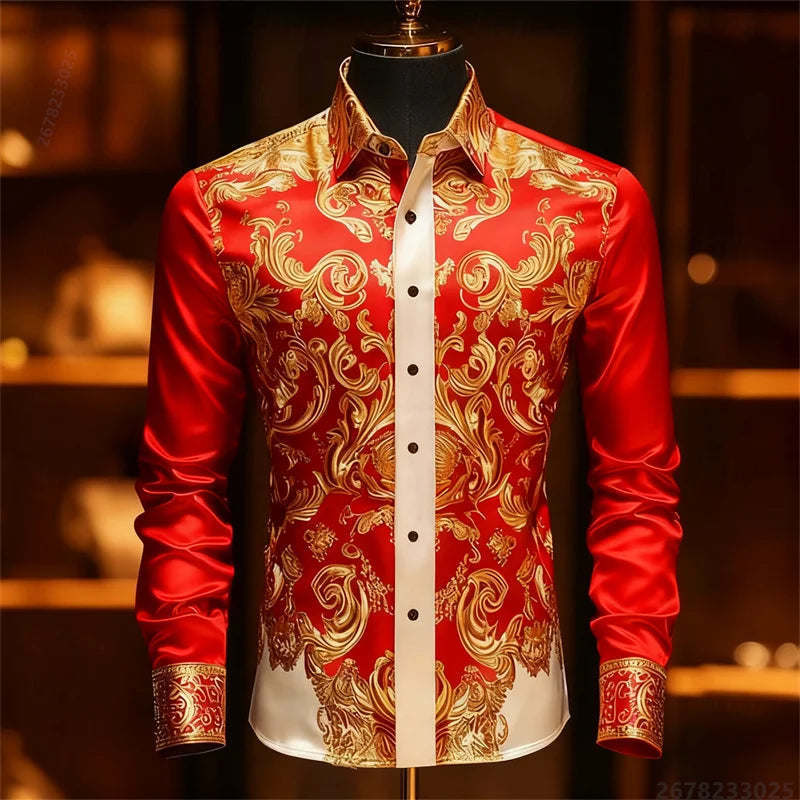 Luxury 3D Printed Long-Sleeve Men's Shirt, Baroque Gold Pattern Slim Fit Dress Shirt, Business Banquet Men's Shirt, Sizes XS-6XL