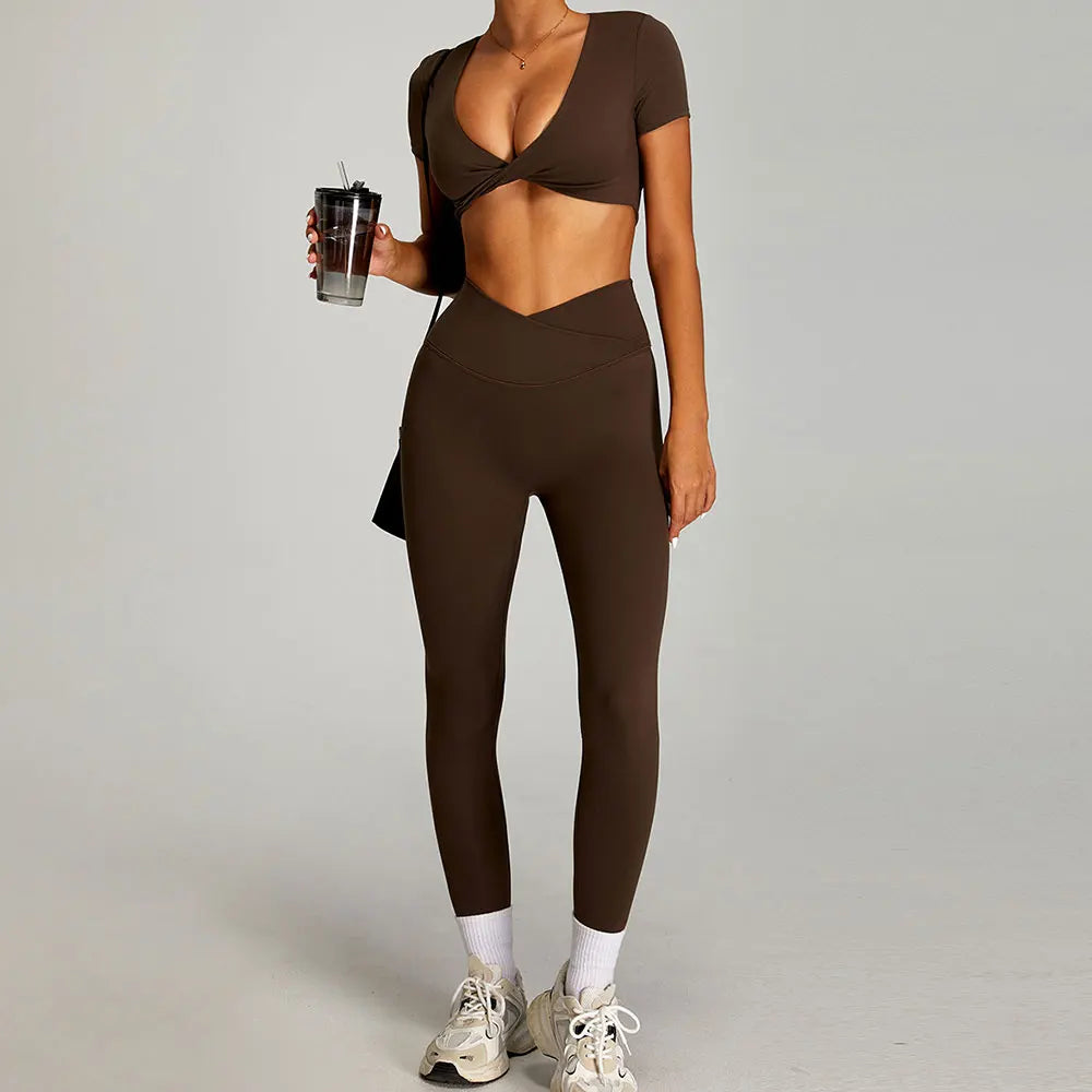 mikeyoga Women Yoga Suit 2PCS Sports Set Quick-Drying Gym Set Women Tracksuit Running Workout Short Sleeves Sports Yoga Clothing