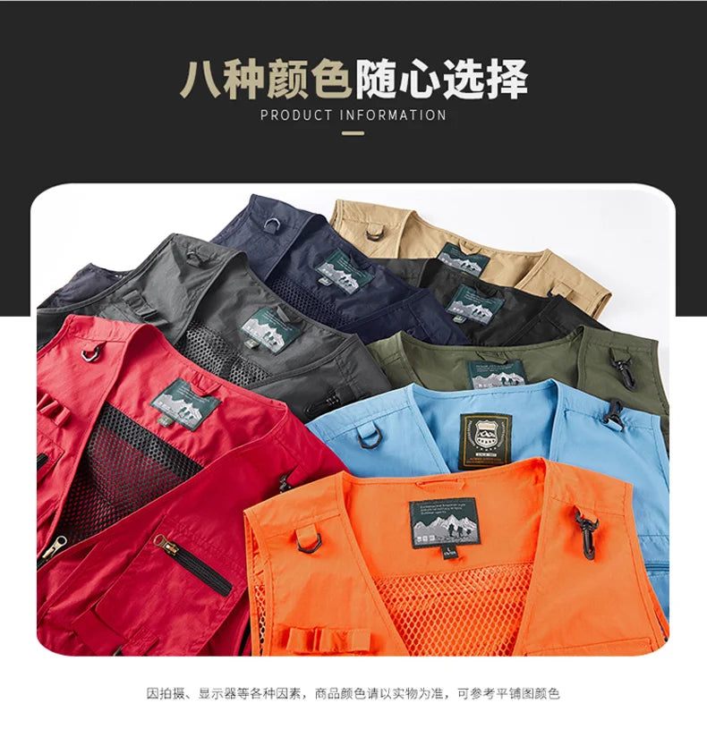 Mesh Men's Fishing Vest Multi Zip Pocket Hiking Waistcoat Male Light Thin Outdoor Sleeveless Jacket Work Summer Travel Plus Size