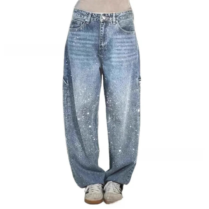 Sexy High Waist Straight Leg Women's Jeans Diamond Washed Cotton Blend Long Pants Trendy Fashionable Ladies Premium Denim