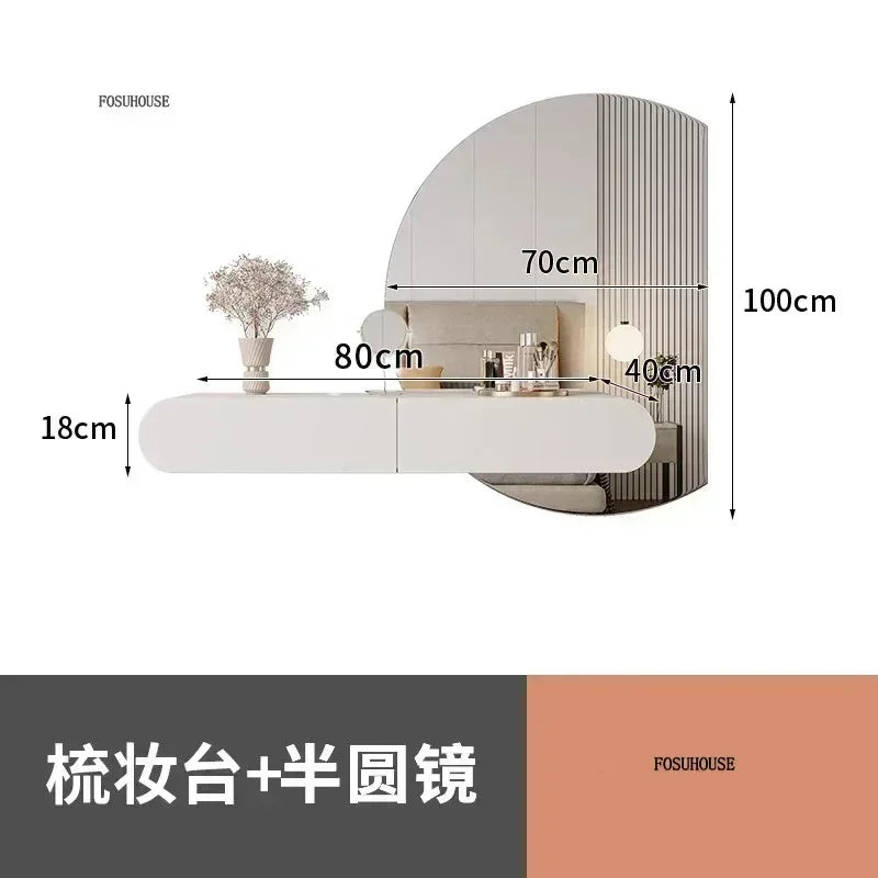 Cream Minimalist Wall Mounted Dressing Table with Mirror for Bedroom Furniture Suspended Vanity Set for Modern Home Decor