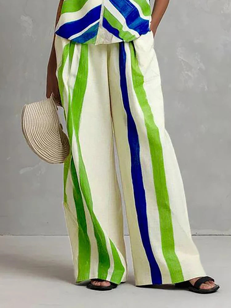 UOOZEE 2026 New Boho Vacation 2 Piece Set Women Fashion Contrast Color Striped V-Neck Tank & Elastic High Waist Wide Leg Pants