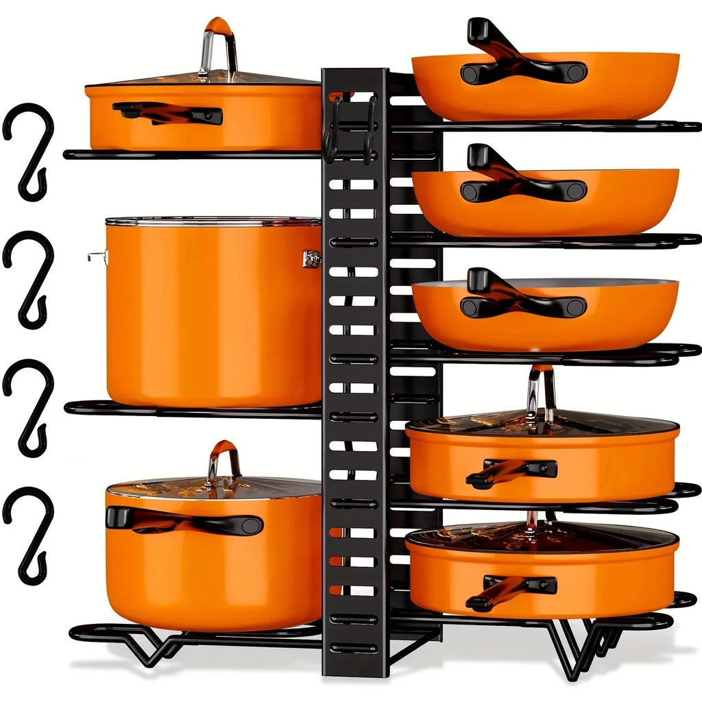 Space-Saving 8-Tier Pot Rack Organizer - Durable Metal Holder for Pans, Pots, and Lids to Keep Your Kitchen Neat and Tidy