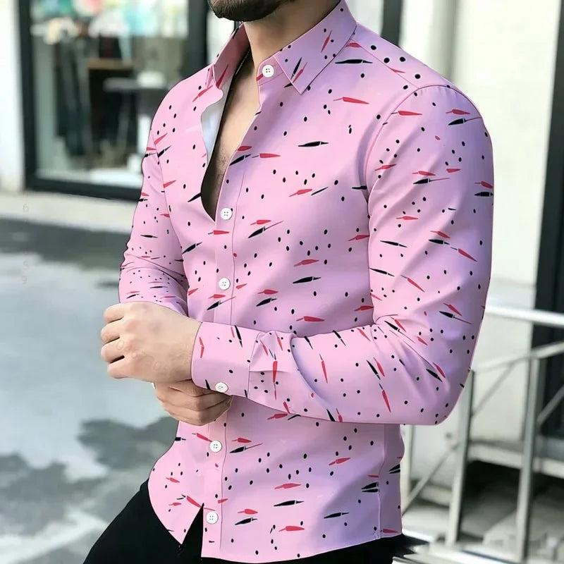 2026 New Men's Shirt Personalized Printed Long Sleeve Shirt Black Brown Contrasting Design Sense Shirt Street Trendy Men's Wear