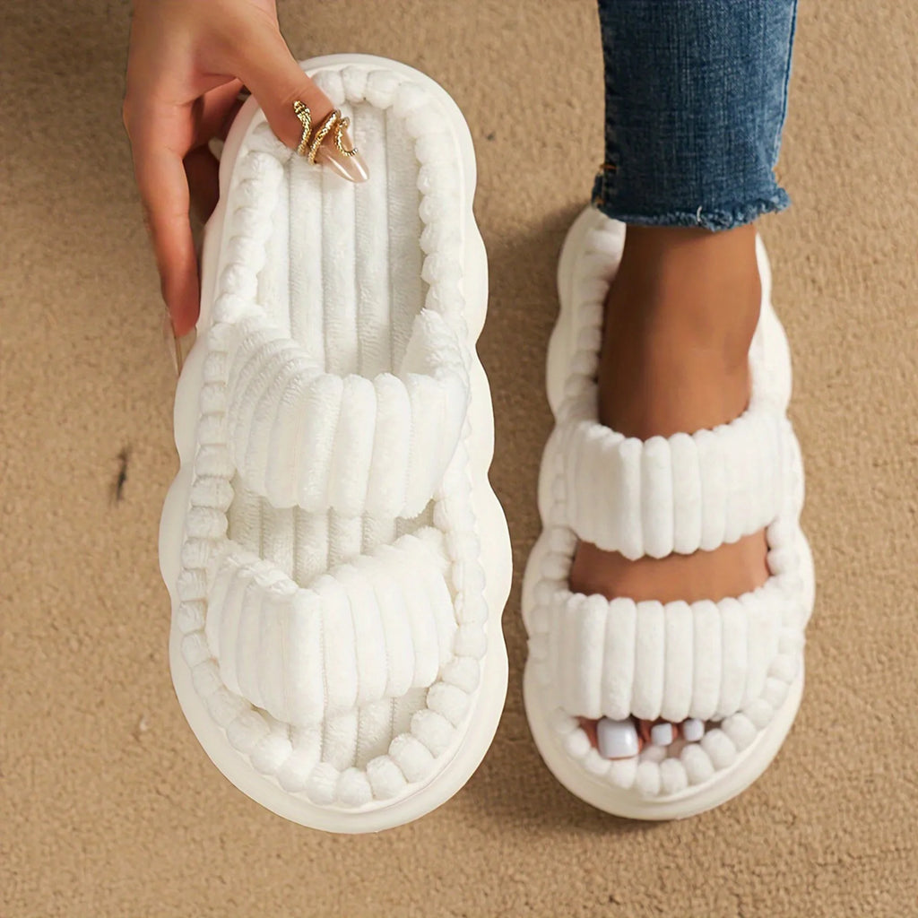 Fashion Women Winter Slipper Corduroy Double Strap House Warm Plush Flat Slippers Autumn Woman Light Comfort Indoor Slipper