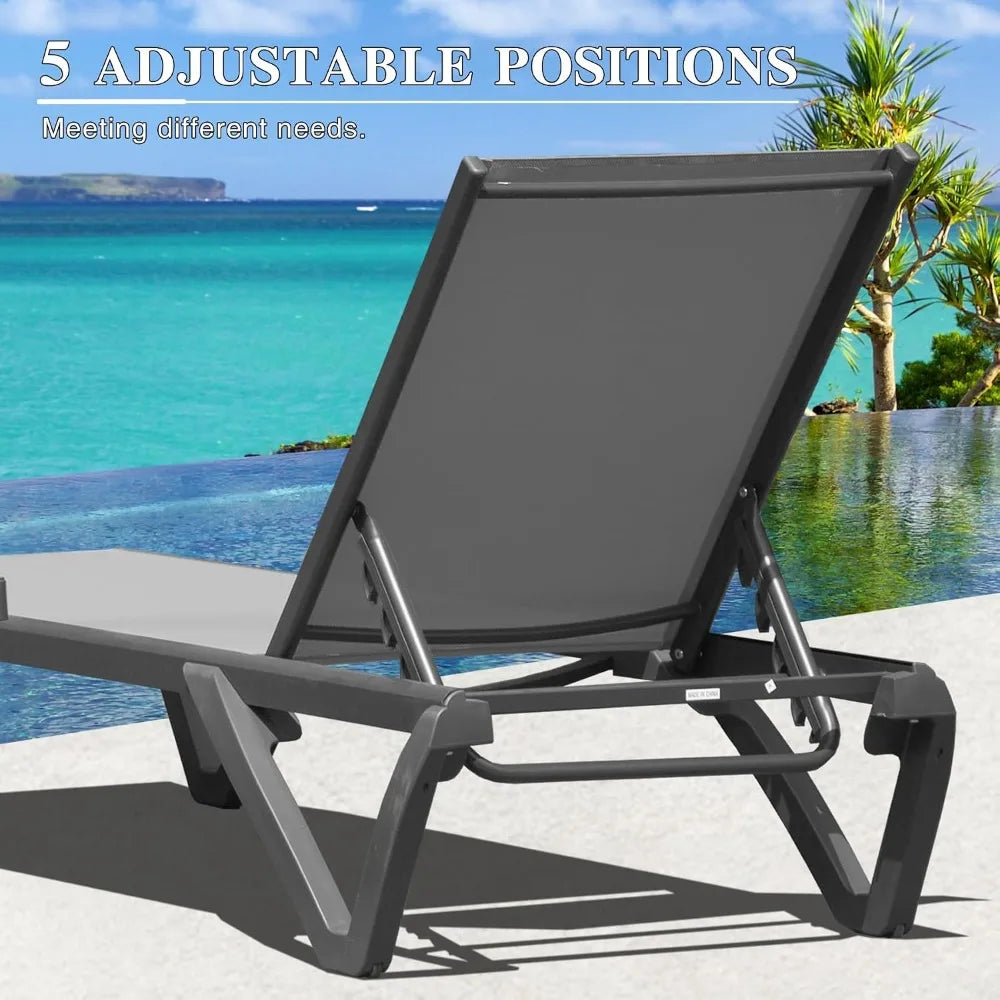 Aluminum Adjustable Outdoor Chaise Lounge Set of 2 with Wheels, Textilene Gray for Patio and Backyard