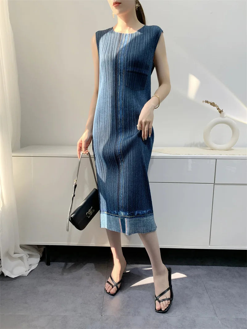 Miyake Pleated Imitation Denim Dress 2025 Summer New Mid-length Slim and Thin Short-sleeved Pleated Skirt