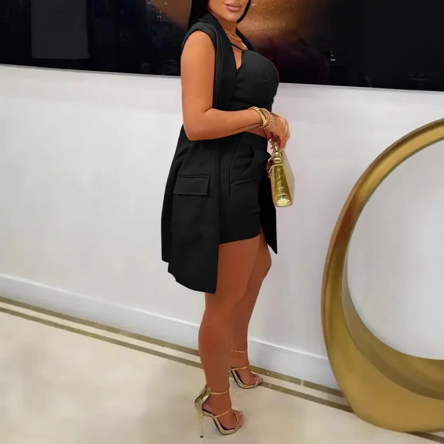 3 Pieces Set Sexy 2025 Summer Spring Fashion Women Set Female Tops Solid Sleeveless Blazers Tops And Shorts Suit Matching Outfit