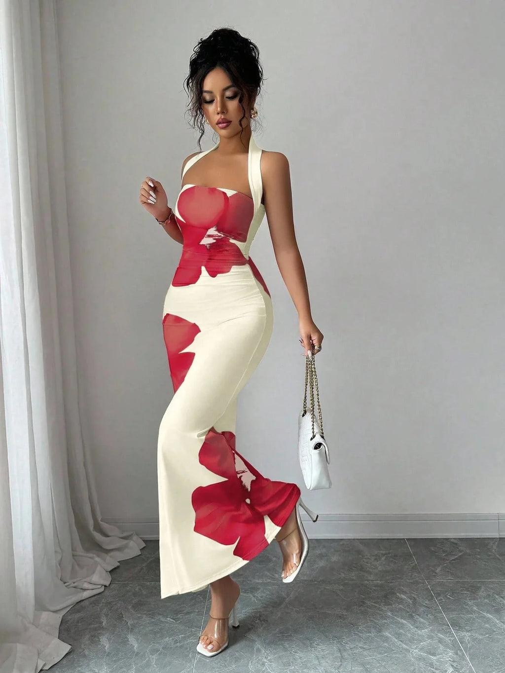 Women's 2026 New Popular Neck Halter Long Dress Hip-wrapped Printed Dress White Dress Birthday Dress for Women Summer Dress