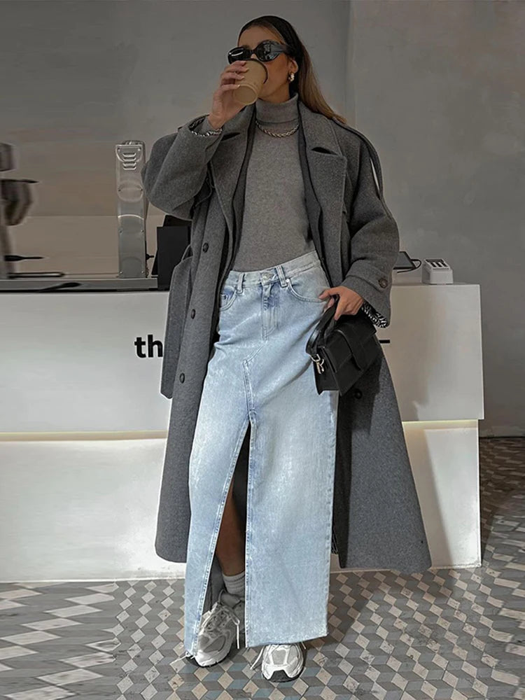 Chic Lace Up Woolen Long Trench Coat Women Gray Double Breasted Lapel Full Sleeve Pocket Coats 2026 Autumn Winter Lady Outwear